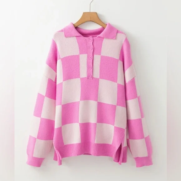 Pink Checkered Drop Shoulder Collared Sweater size Small - Picture 5 of 8